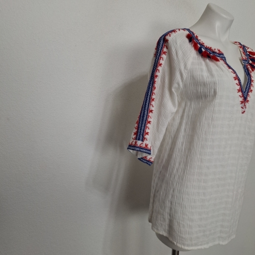 South Main White Embroidered 3/4 Sleeve V-Neck Bohemian Coastal Tunic Top Size S - Picture 5 of 15